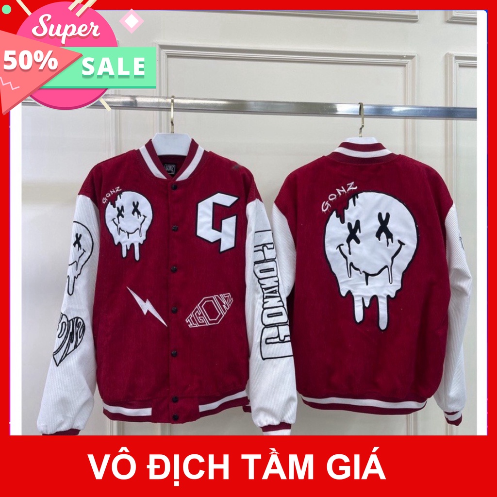 Áo varsity jacket Unisex Form rộng nhung tăm 1 lớp Hình thêu 100% Red v4. Áo khoác bomber nam nữ Gonz Bóng chày