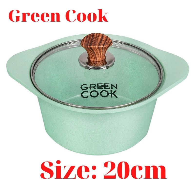 Nồi đúc chống dính đáy từ men đá Green Cook size 20cm xanh ngọc