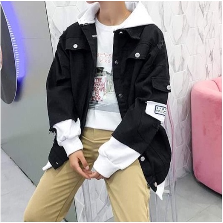 Áo Khoác Jeans Đôi Phối Mũ Nỉ Unisex Cho Cả Nam Và Nữ Vải Jeans Xuất Dày Dặn