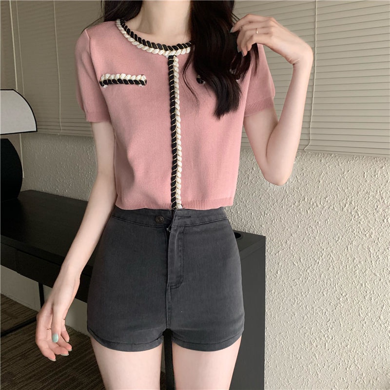 Áo Sweater Dệt Kim Ngắn Tay Thời Trang Mùa Hè