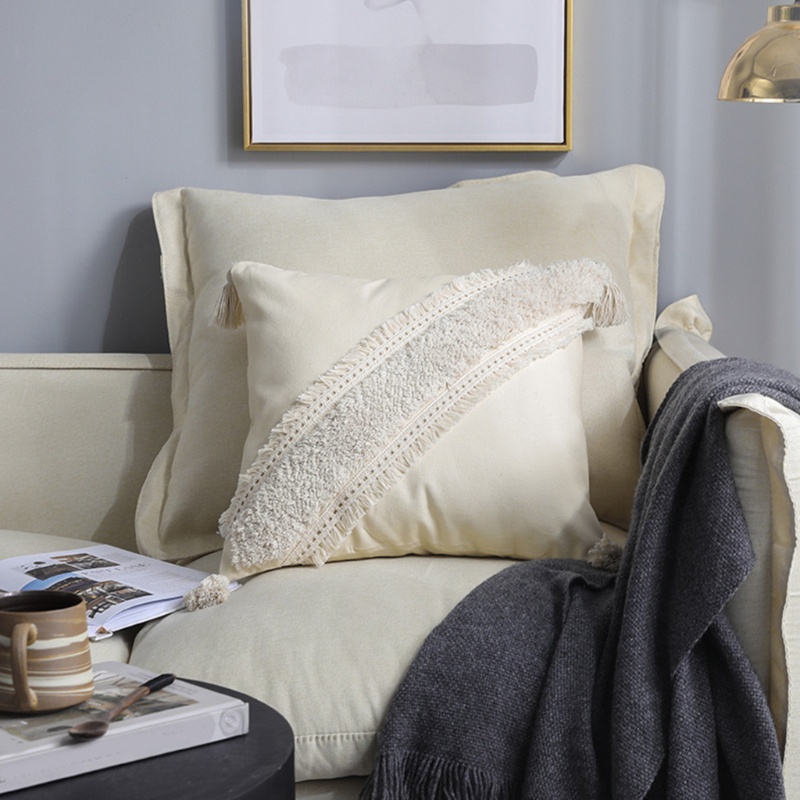 Vỏ Gối Dệt Sọc Ca Rô Phối Tua Rua Phong Cách Boho