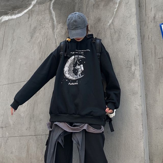 (Sẵn) Áo hoodie ulzzang nam nữ đen mặt trăng 🌙 FREESHIP 💚 Áo nỉ lót bông dáng rộng 💚 | BigBuy360 - bigbuy360.vn