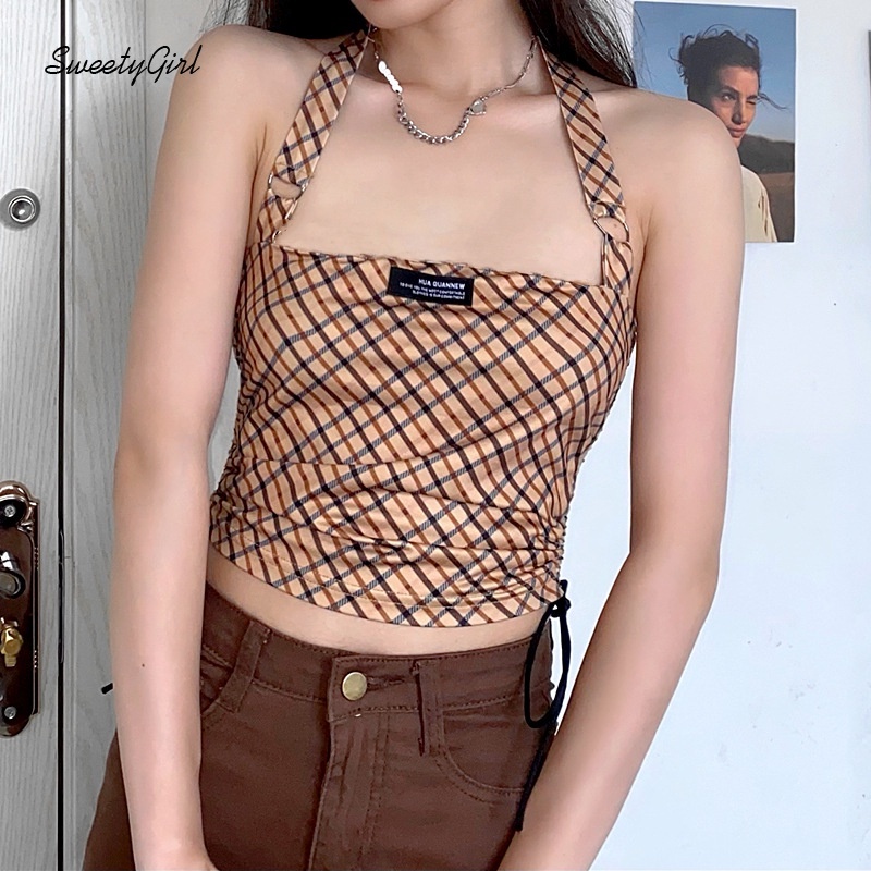 Áo tank top dây rút hở lưng họa tiết sọc caro thời trang cho nữ