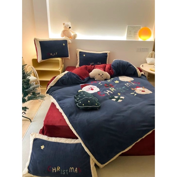 Bộ chăn ga gối nỉ nhung cao cấp Santa Claus Merry Christmas tặng kèm gối trang trí