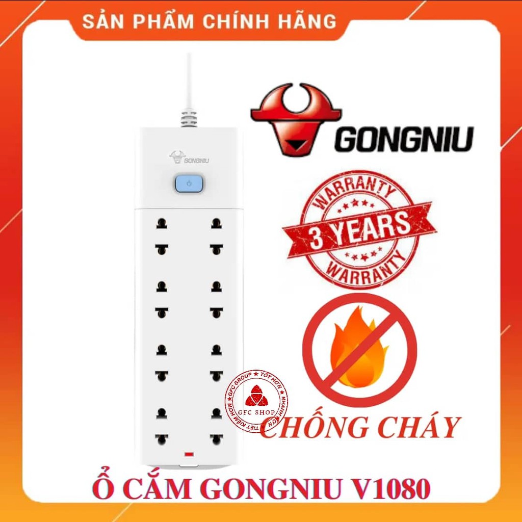 Ổ cắm điện Gongniu V1080 8 ổ 1 công tắc - Dây 3m hoặc 5m - 2500W 10A