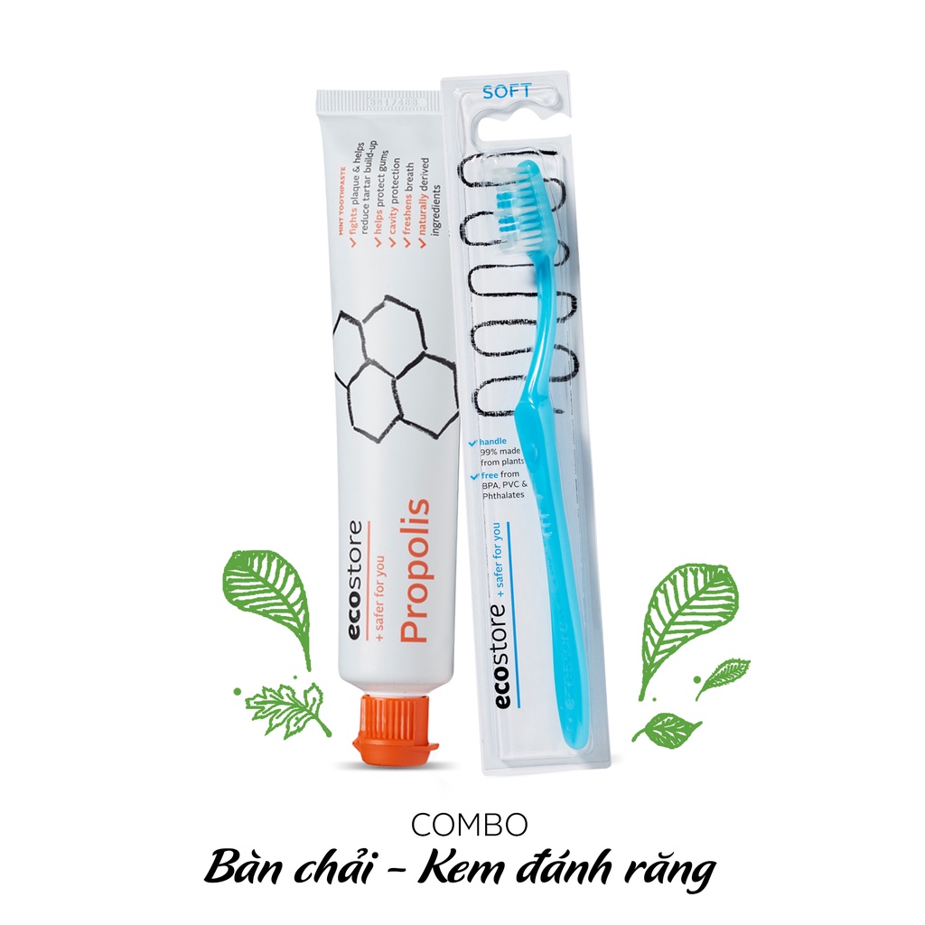 Ecostore Combo kem đánh răng keo ong + bàn chải đánh răng gốc thực vật (nhiều lựa chọn)