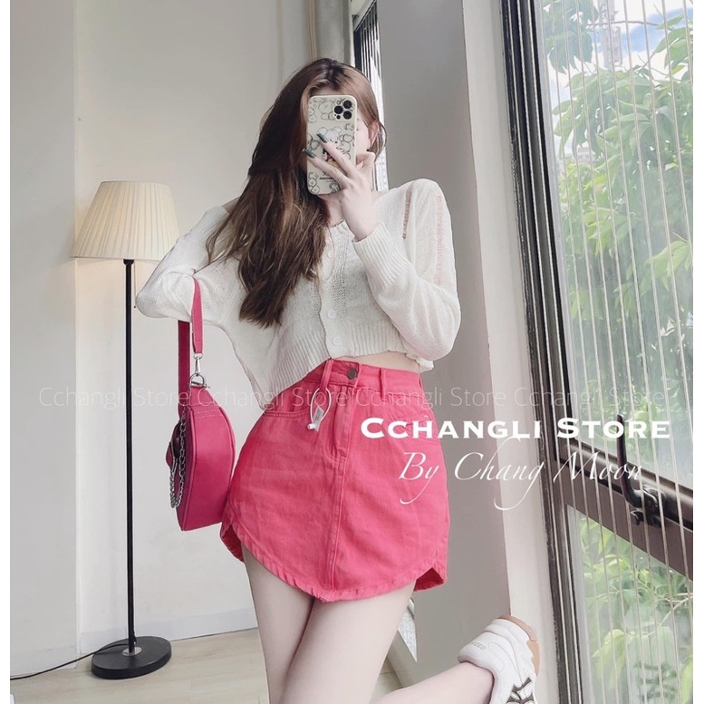 Chân váy jean chữ A có lót quần màu xanh và Hồng