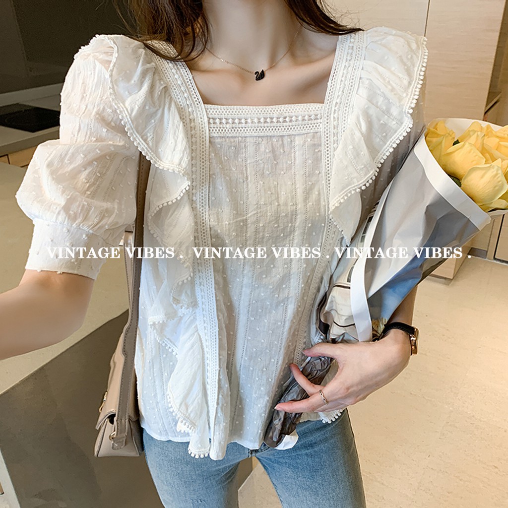 Áo babydoll buộc nơ sau phối ren hạt Ulzzang (hàng QC) - Ảnh thật
