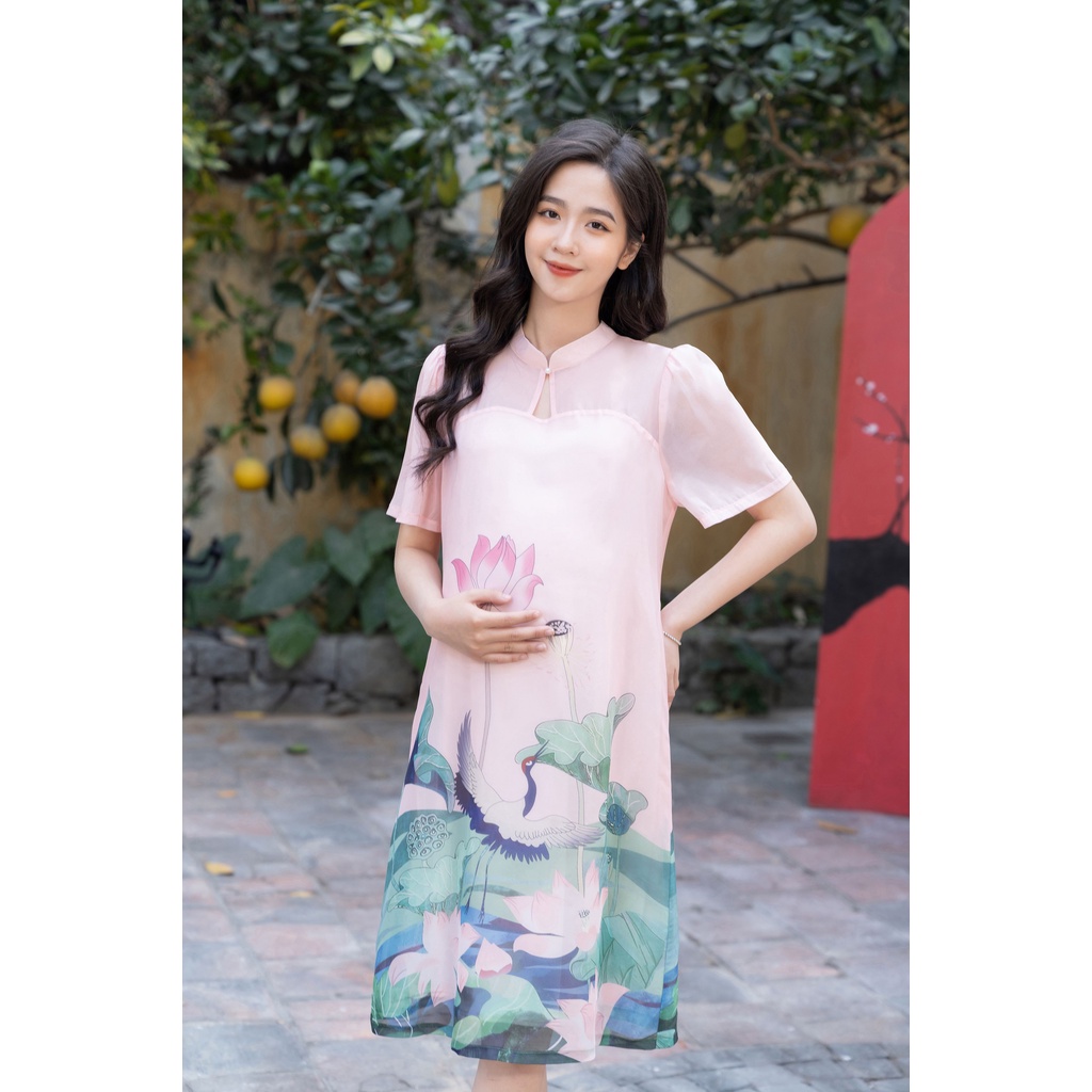 MEDYLA - Váy bầu thiết kế cách tân 2 lớp tơ lót lụa cao cấp cho mẹ bầu diện tết - SP918