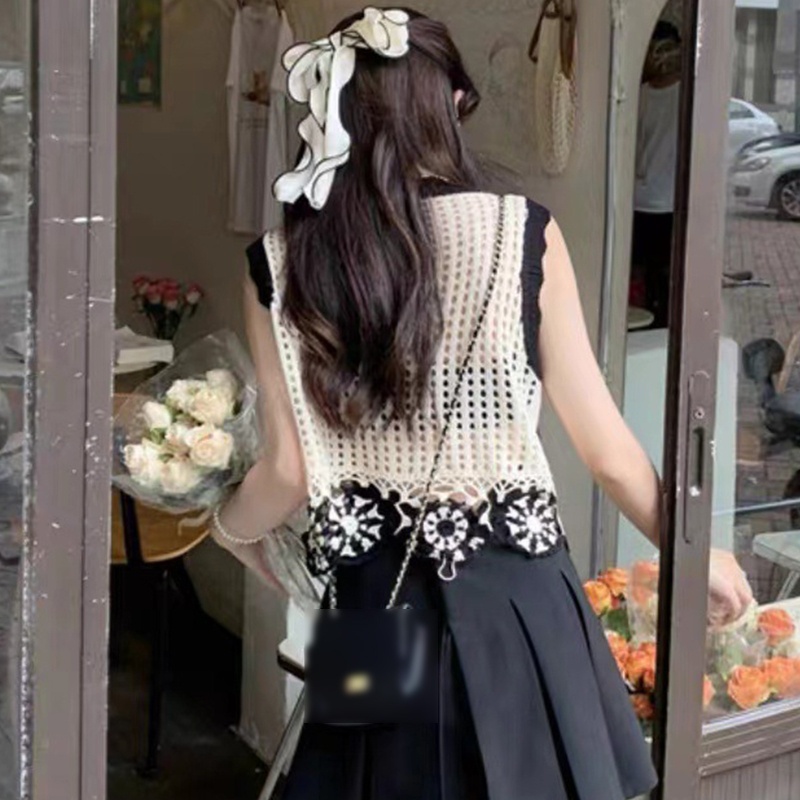 Brroa Áo Crop Top Dệt Kim Khoét Lỗ Màu Sắc Tương Phản Thời Trang Đi Biển Kỳ Nghỉ