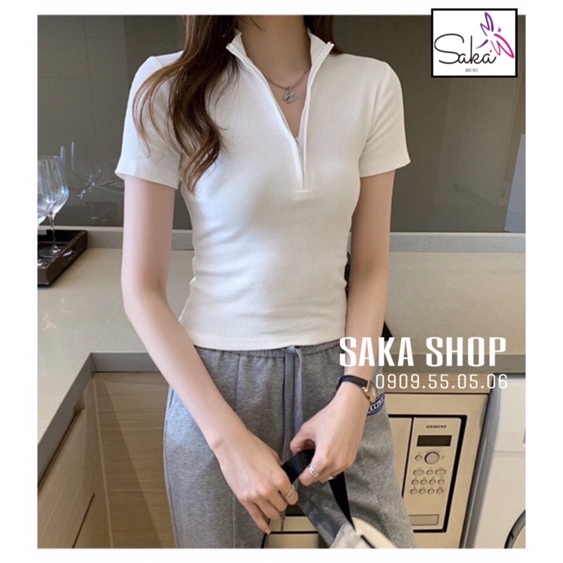 Áo croptop thun nữ dây kéo cổ sơ mi 3 màu thời trang trắng xám đen