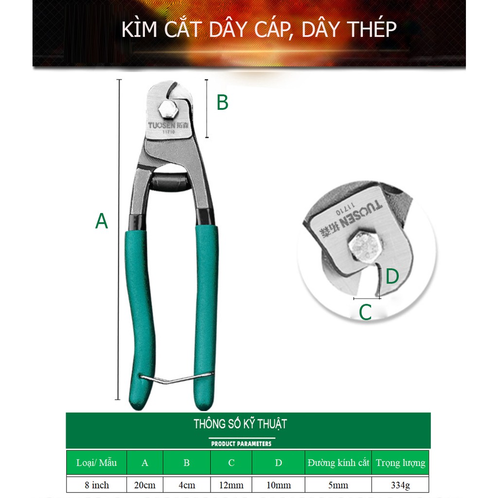 Kìm cắt cáp cầm tay, kềm cắt cáp, kéo cắt cáp, Máy cắt cáp 8inch - đường kính cáp/dây 5mm TUOSEN  (Mã 11710)