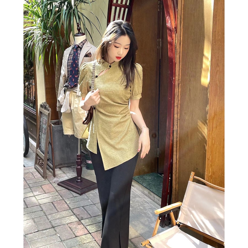 Áo Sơ Mi Tay Ngắn Cổ Đứng Phong Cách Hàn Quốc Dành Cho Nữ