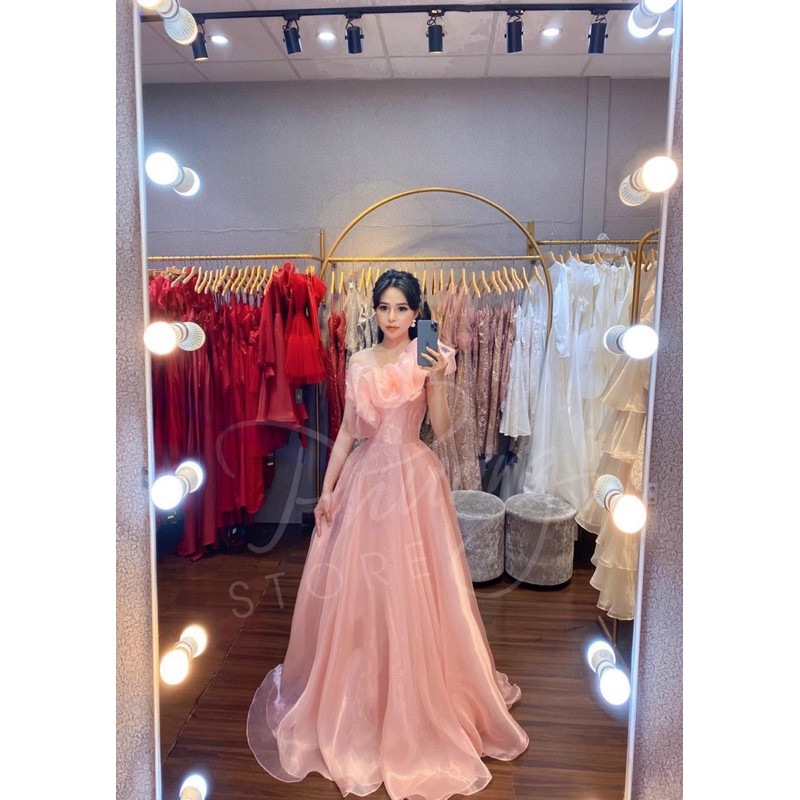 đầm maxi lệch vai dúm bèo