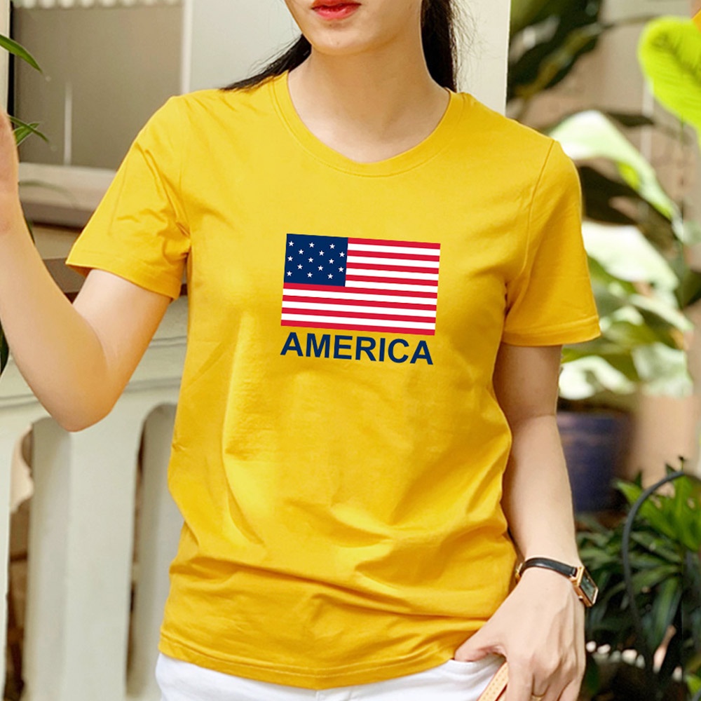 Áo thun nữ TOLI cổ tròn màu vàng in Cờ Mỹ, 100% cotton 4 chiều mềm mịn, co dãn, form suông cơ bản