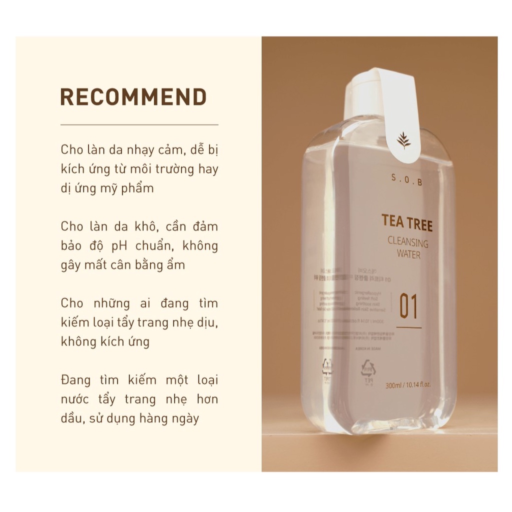 Nước Tẩy Trang Dịu Nhẹ Cho Da S.O.B Tea Tree Cleansing Water 300ml