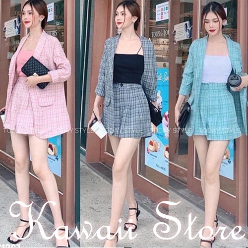 Set Bộ Nữ Set Vét Caro Quần Đùi 3 Món Siêu Cưng