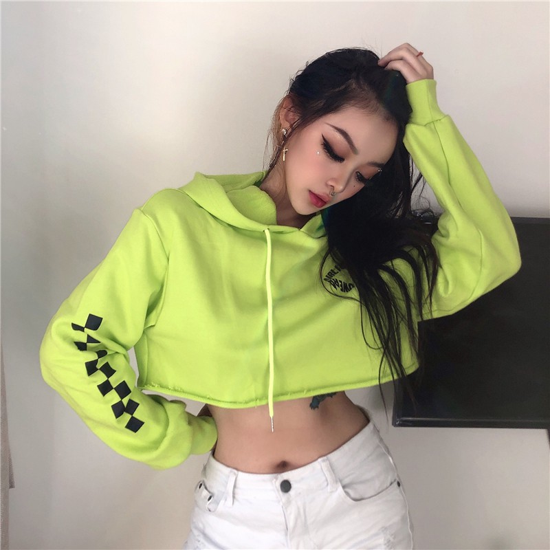 Áo Sweater Dáng Ngắn Màu Xanh Lá Dạ Quang Phong Cách Hip Hop Cá Tính