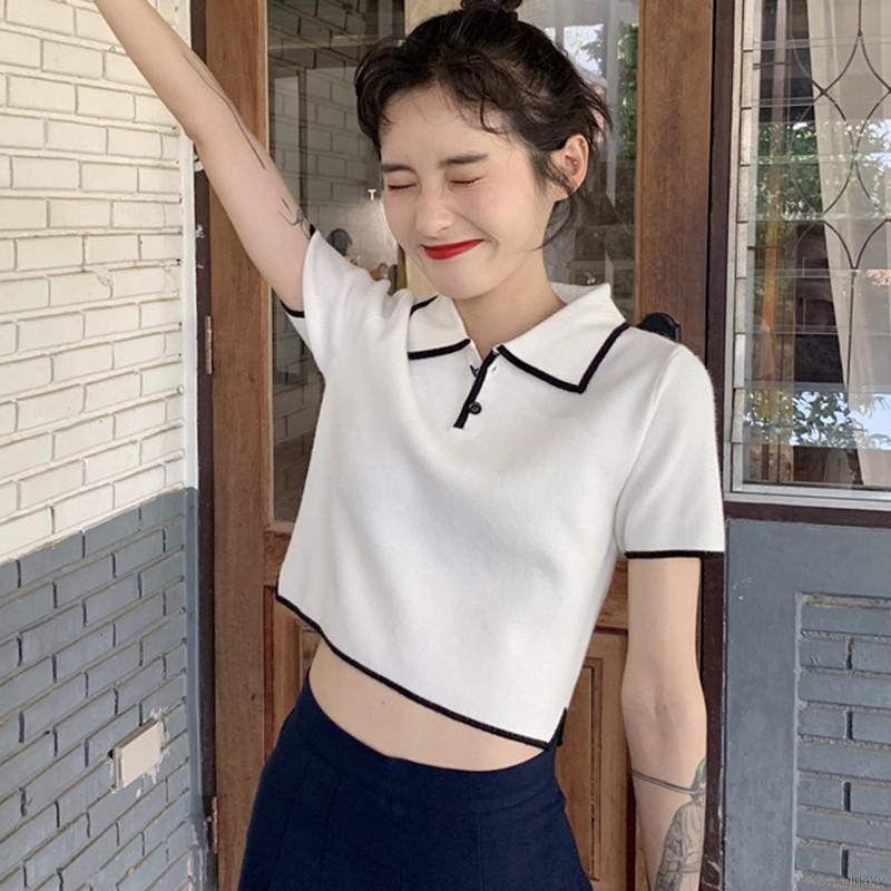 Áo thun nữ tay ngắn cổ bẻ phong cách thời trang Hàn Quốc