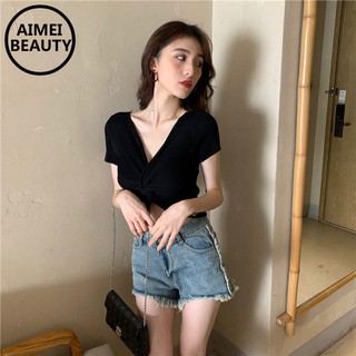 Áo thun croptop dệt kim ngắn tay kiểu đắp chéo cổ chữ V màu trơn cá tính cho nữ