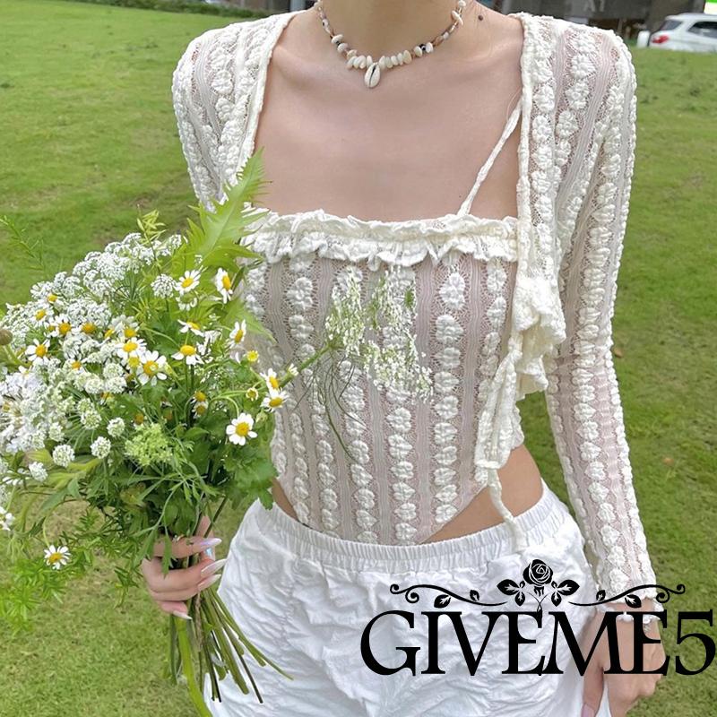 Bộ 2 Món Áo Croptop Tay Dài Thắt Nút + Áo Hai Dây Màu Trơn Thời Trang Xuân Hè Cho Bạn Gái