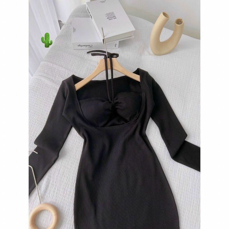 Đầm body 2 dây cột cổ khoét ngực tay dài ( kèm ảnh thật)