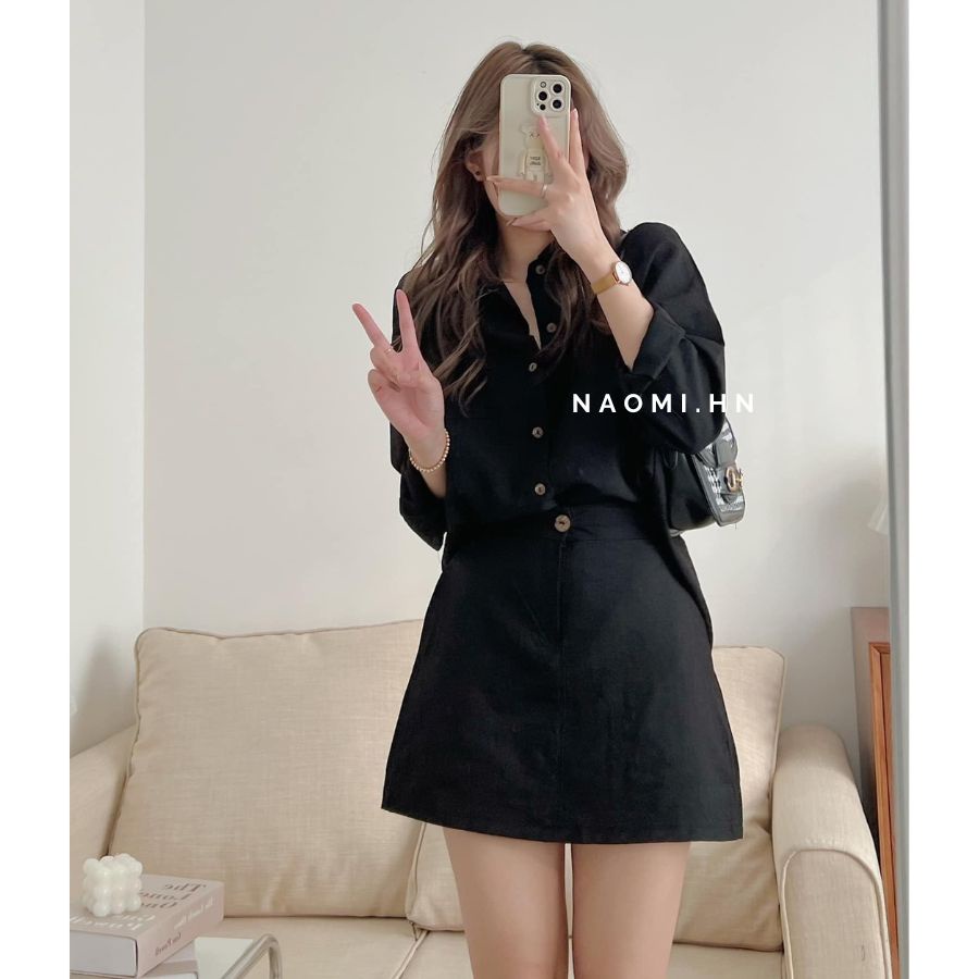 Set bộ đũi áo sơ mi dài tay kèm chân váy chữ A chun sau có quần bảo hộ. Set đồ nữ áo sơ mi cổ đức kèm váy nhiều màu