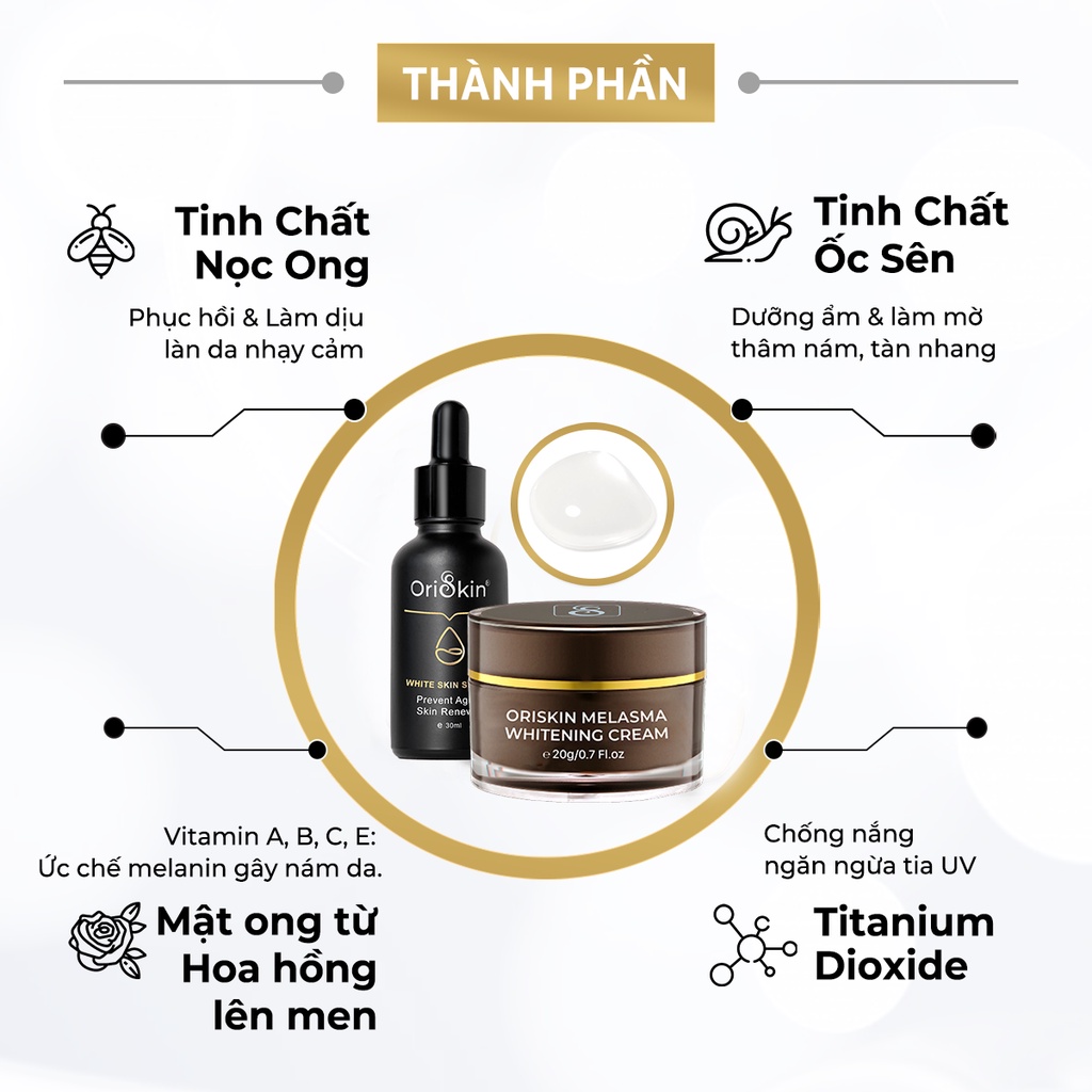 Bộ Kem Nám Tàn Nhang Dưỡng Trắng Mờ Thâm Kem Oriskin Melasma Whitening Cream 20ml Và Serum Oriskin White Skin Serum 30ml