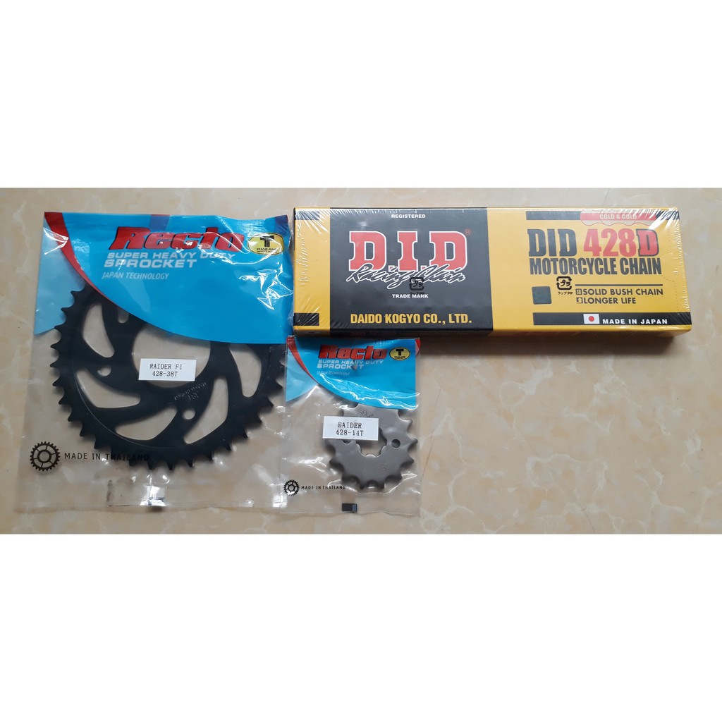 Bộ Nhông dĩa Recto sên DID vàng cho Raider-Satria Zin 14-38T sên 428D 9 ly 130 mắc sên