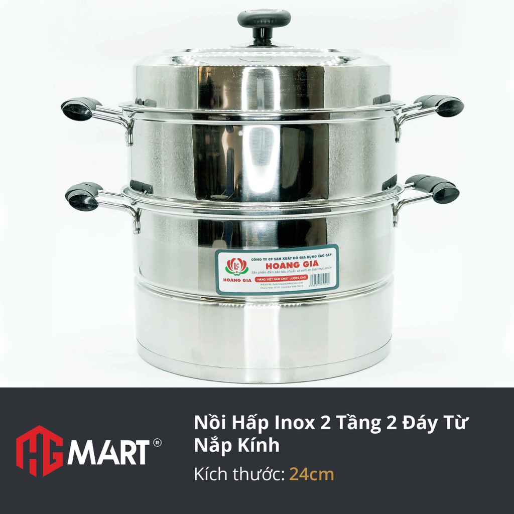 Nồi Hấp Inox 2 tầng 2 đáy từ nắp kính thương hiệu HG Mart