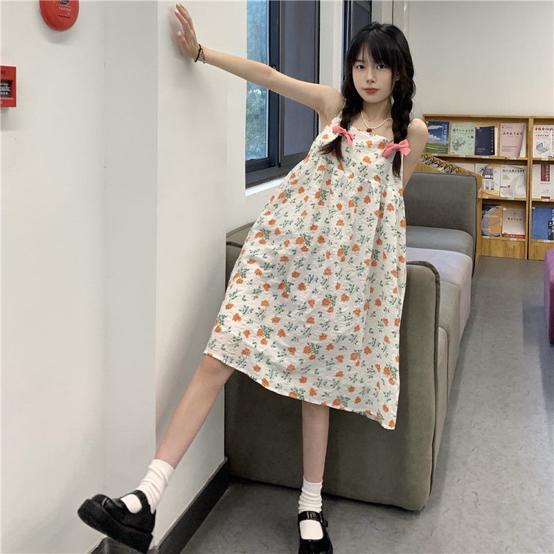 Đầm hai dây dáng rộng họa tiết hoa phong cách Nhật Bản thời trang xinh xắn cho nữ