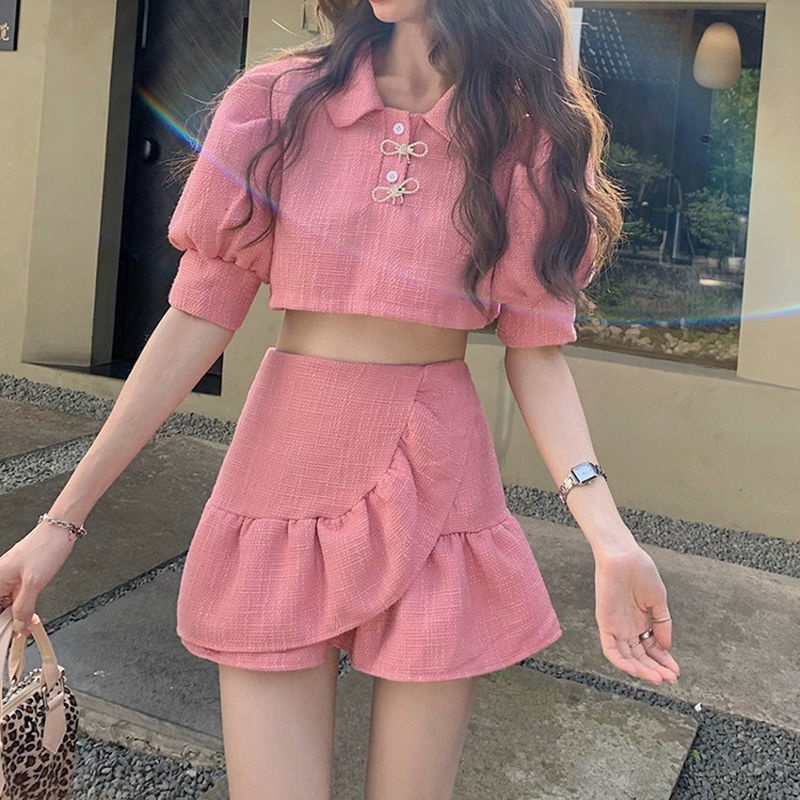 Spot fashion suit skirt women's ins fashion 2022 summer new Internet celebrity fried street Western style elegant top short skirt two-piece suit summer skirt