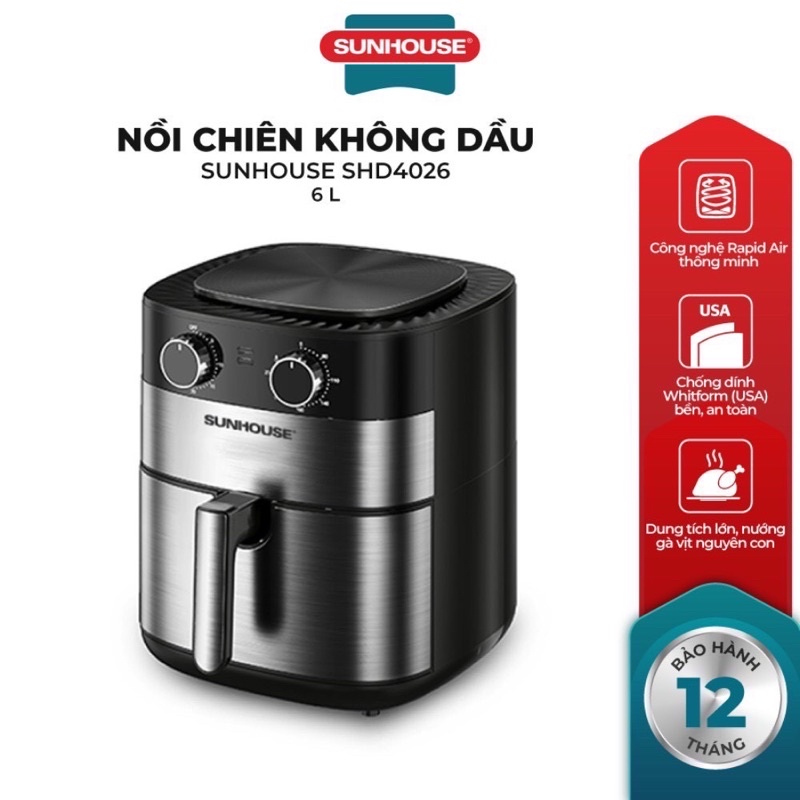 Nồi Chiên Không Dầu Dung Tích Lớn 6 lít SUNHOUSE SHD4026 Dễ Dàng Vệ Sinh &amp; An Toàn Cho Sức Khoẻ