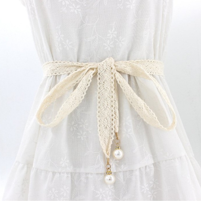 Dây lưng vải ren gắn ngọc đính đá, đai váy nữ thắt nơ thanh lịch