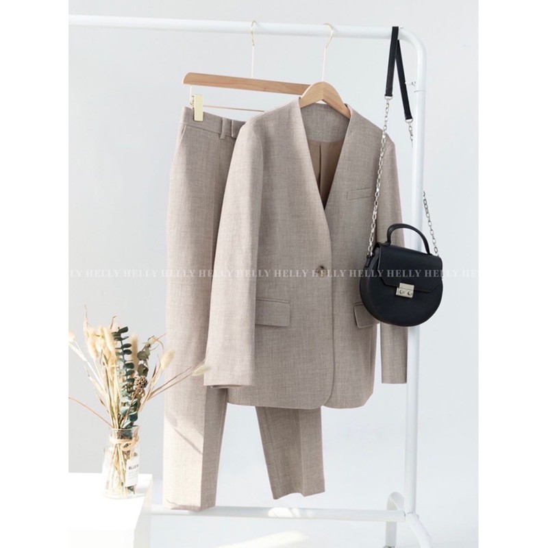 SET BLAZER KHÔNG CỔ QUẦN BAGGY NỮ | HELLY SHOP | BigBuy360 - bigbuy360.vn