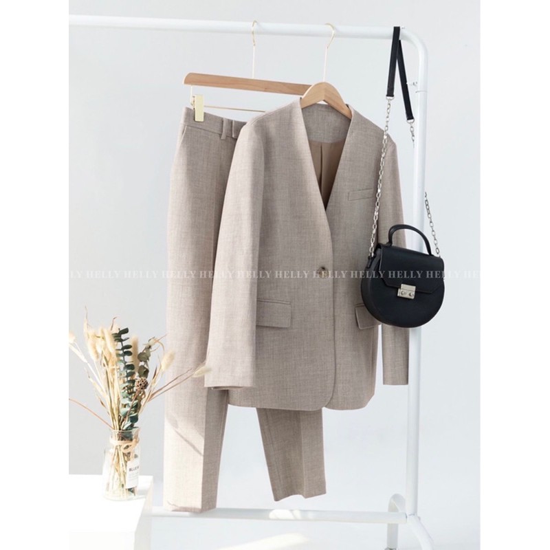 SET BLAZER KHÔNG CỔ QUẦN BAGGY NỮ | HELLY SHOP