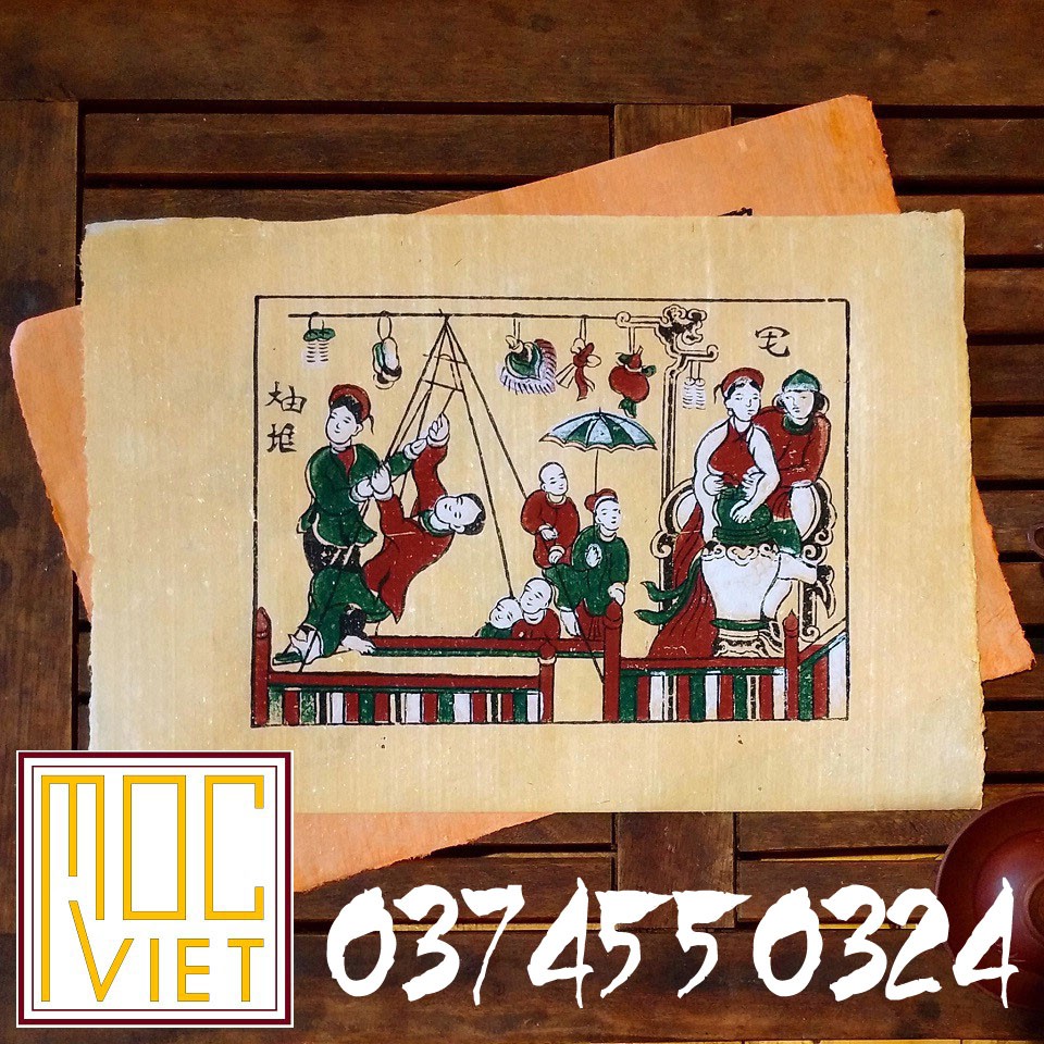 Tranh Đông Hồ Đánh đu tranh cỡ 27x37cm