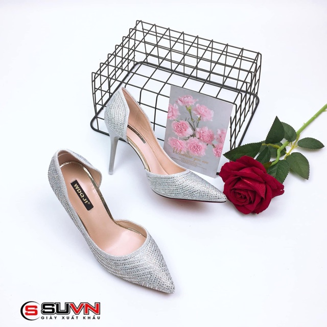 [Ảnh Thật kèm video][Giày cao gót nhọn 9cm khoét eo đính đá sang chảnh