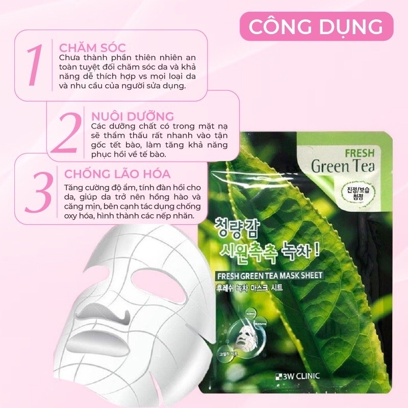 Mặt nạ giấy dưỡng da 3W Clinic Hàn Quốc chiết xuất Trà Xanh giúp dưỡng ẩm giảm dầu mụn trắng da 23ml