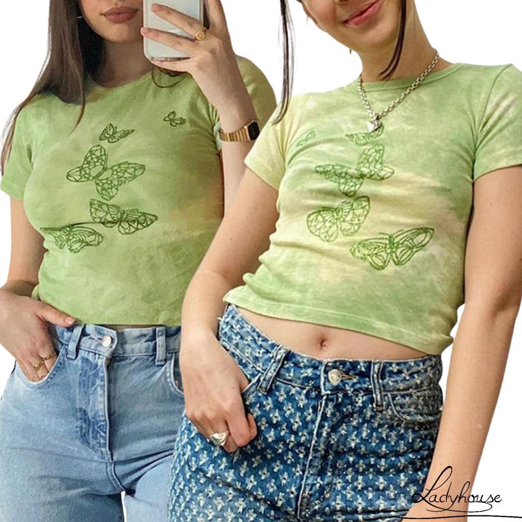 Ldd-áo Thun Croptop Cổ Tròn Tay Ngắn In Họa Tiết Bướm Màu Xanh Lá Dành Cho Nữ Size S/ M/ L