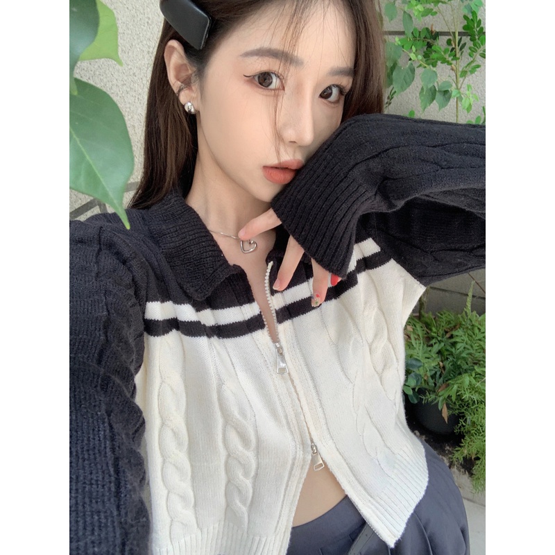 Áo cardigan dệt kim ZHELIHANGFEI tay dài eo cao dáng ôm phối khóa kéo cho nữ