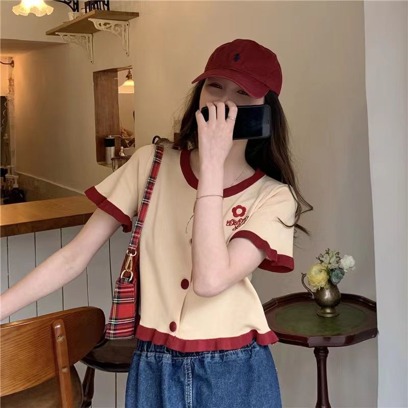 Áo Cardigan Dệt Kim Mỏng Tay Ngắn Thêu Họa Tiết Màu Sắc Tương Phản Thời Trang Mùa Hè 2022 Cho Nữ