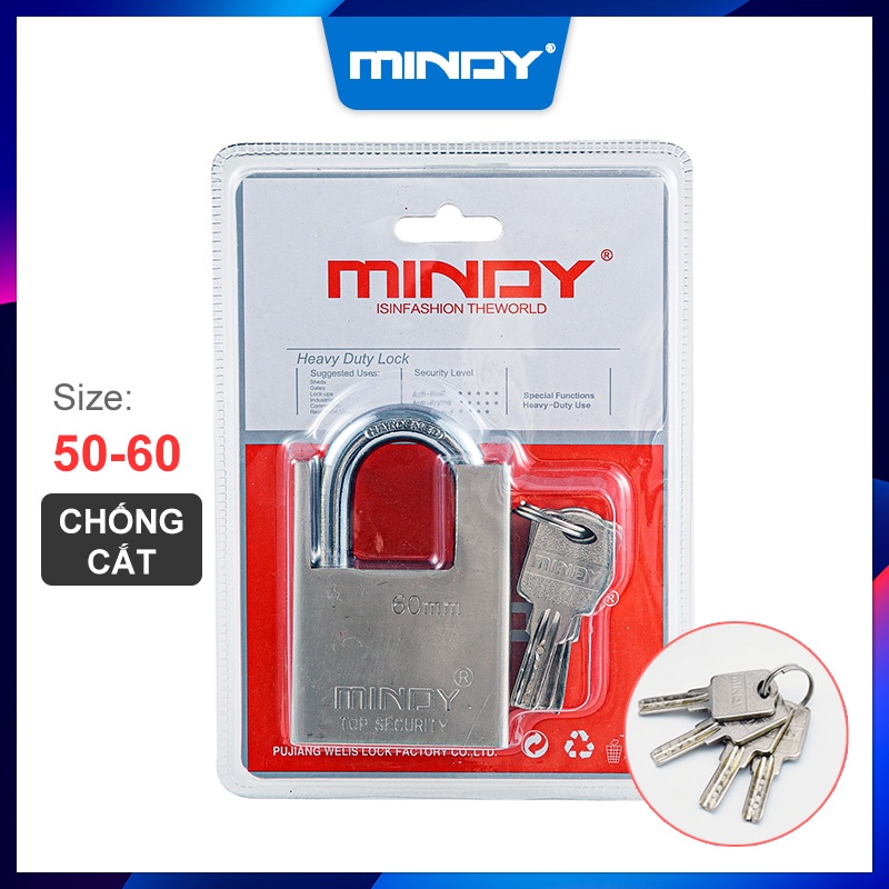 Ổ Khóa Cửa Chống Cắt Mindy Cao Cấp Chính Hãng Chống Trộm, Càng Ngắn Kích Thước 50mm/60mm, Chìa Khóa Muỗng