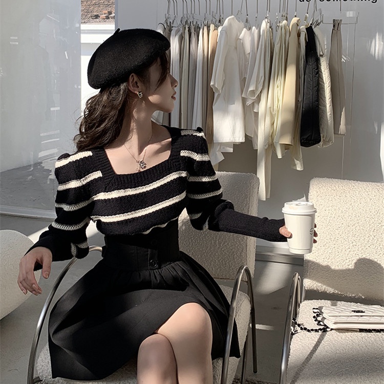 Áo kiểu ZHELIHANGFEI dệt kim cổ vuông tay dài phồng họa tiết kẻ sọc thời trang xinh xắn dành cho nữ