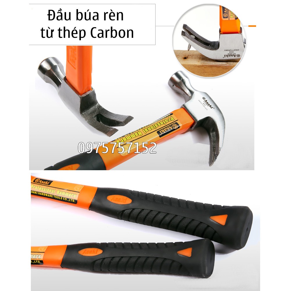 Búa nhổ đinh, búa đóng đinh đa năng Asaki AK-9545 8oz/ 380g, thép Carbon siêu cứng, tay nhựa TPR trợ lực, độ ổn định cao