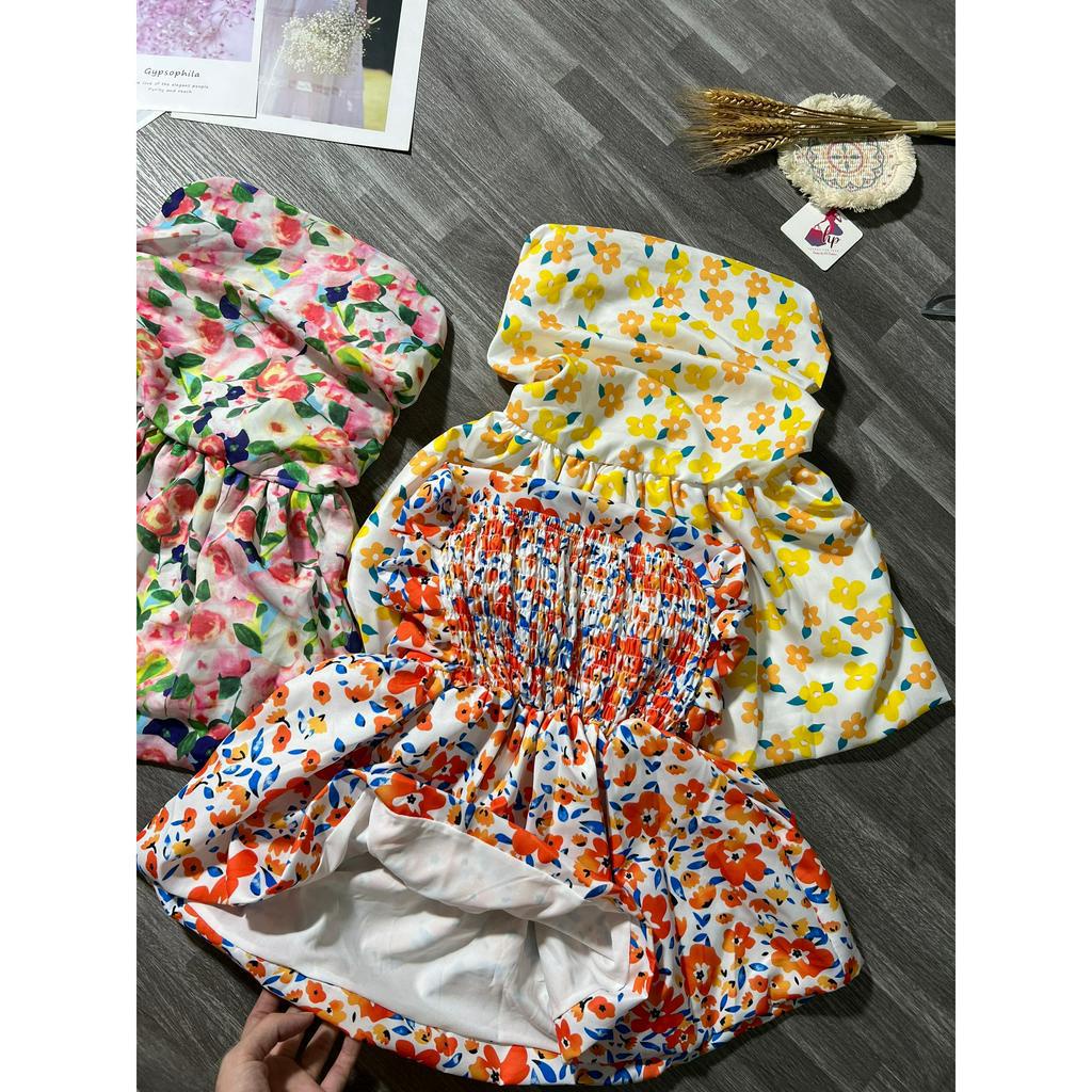 Áo ống form bí in hoa, áo nữ cúp ngực không mút 2 lớp peplum G64