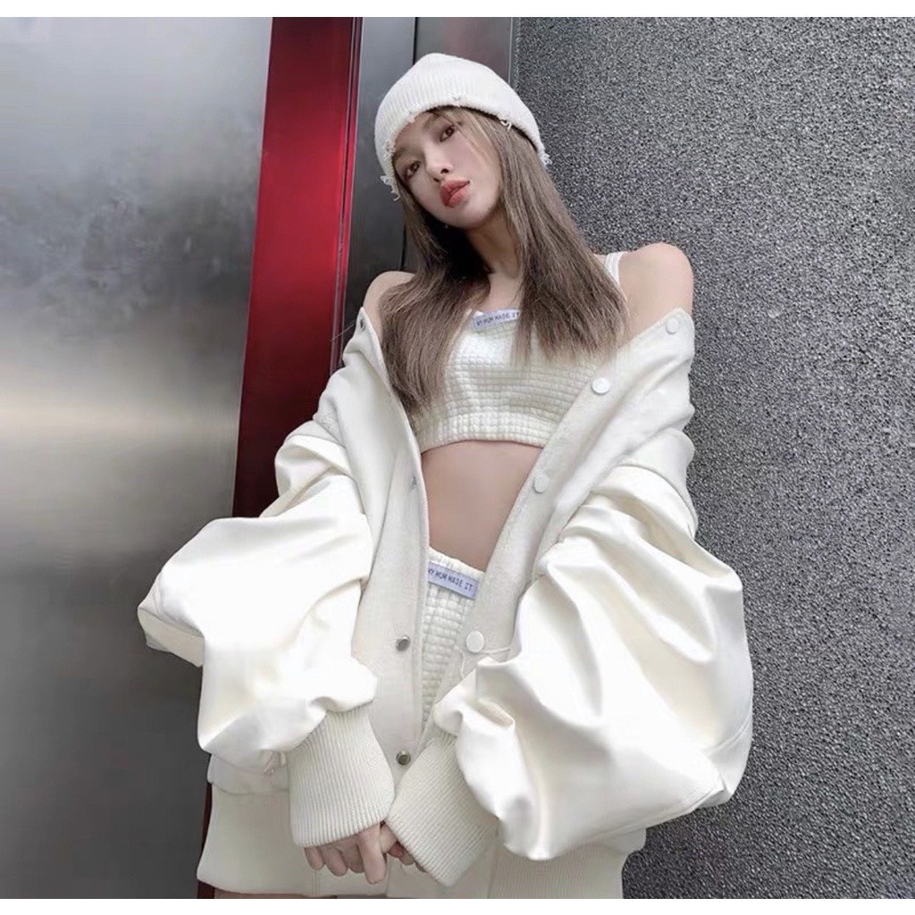 Áo Khoác Dạ Pha Da JOLIE Nữ [FREESHIP]  Jacket bomber form rộng tay bồng, khoát đẹp họa tiết trắng cá tính Ulzzang