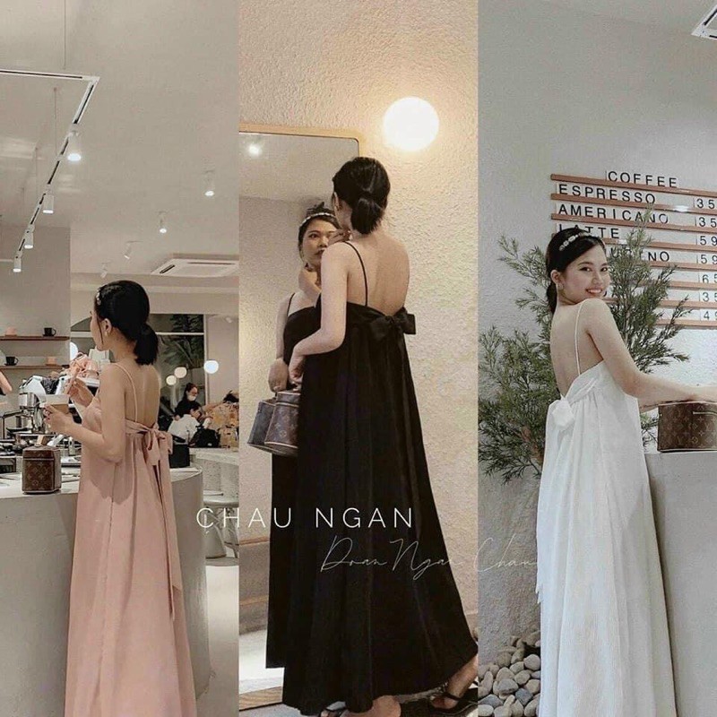 Đầm maxi xếp ly cột nơ lưng dày dặn có mút ngực hình thật