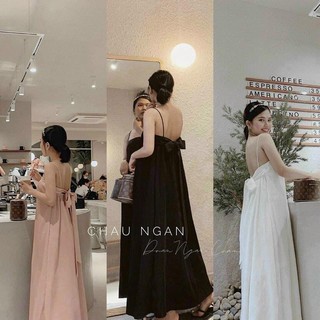 Đầm maxi xếp ly cột nơ lưng dày dặn có mút ngực hình thật