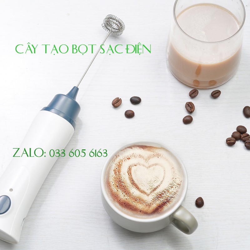 Máy tạo bọt cafe, tạo bọt sữa, đánh cacao, đánh trứng, socola, matcha  sạc điện đánh cực khỏe -Máy đánh bọt 2 lò xo